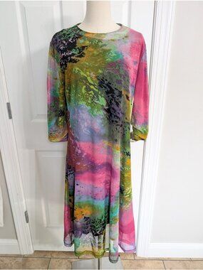 Wear & Flair Colorful Tie Dye Mesh Dress Sz L Boho Artsy 3/4 Sleeve